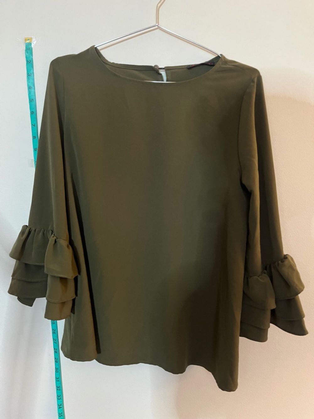 Olive Green Ruffle Sleeve Blouse - Women's
